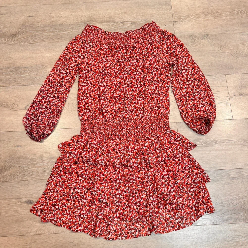 MICHAEL KORS Sangria Floral Smocked Ruffle Off the Shoulder‎ Dress Red Medium M